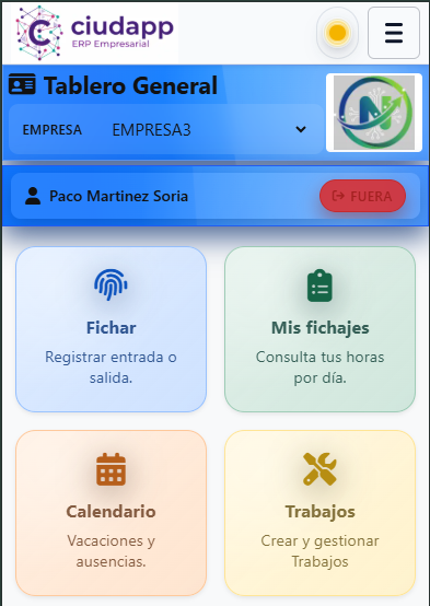 Tablero general de Ciudapp con accesos rápidos a fichajes, calendario, trabajos y responsables.