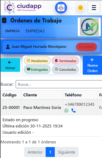 Detalle de una orden de trabajo en móvil con datos del cliente, estado, seguimiento y pagos.