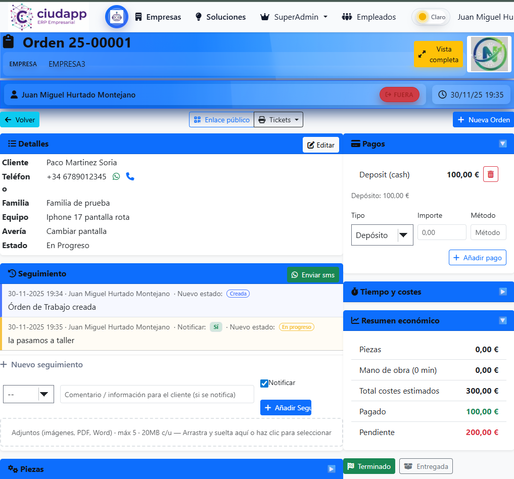 Vista ampliada del seguimiento de una orden de trabajo con línea temporal y opciones de notificación al cliente.