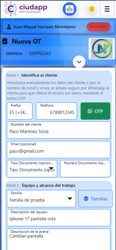 Alta de una nueva orden de trabajo desde el móvil en Ciudapp con identificación del cliente y detalle de la avería.